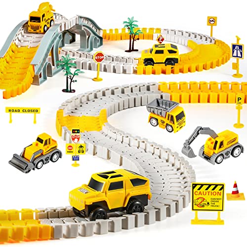 kizplays 260pcs Construction Race Tracks for Kids Toys, 6pcs Construction Car and Flexible Track Set Create Engineering Gifts for 3 4 5 6 Year Old Boys Girls - Construction Race Tracks