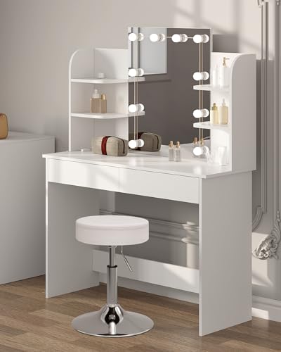 WOLTU Dressing Table Set with Mirror LED and Stool, Vanity Desk with 2 Drawers, 4 Storage Shelves, Height Adjustable Make-up Stool, 108x40 cm, Modern White Cosmetic Table, Wood, MB6106ws
