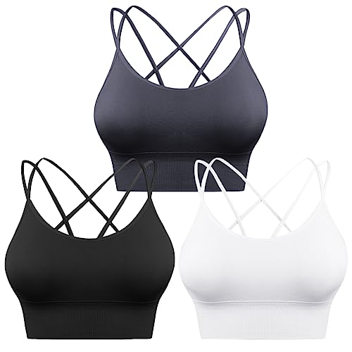Sykooria 3 Pack Strappy Sports Bra for Women Sexy Crisscross for Yoga Running Athletic Gym Workout Fitness Tank Tops - Small - 3 Pack-black+white+dark Grey