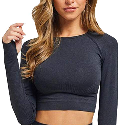 FITTOO Women's Crop Long Sleeves Workout Tops Sports Shirts - Small - #0 Black