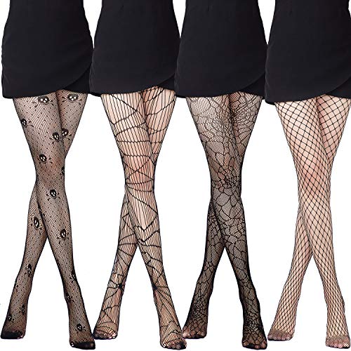 SATINIOR 4 Pieces Halloween spider web tights goth tights Skull Fishnet Stockings for Women - Chic Style