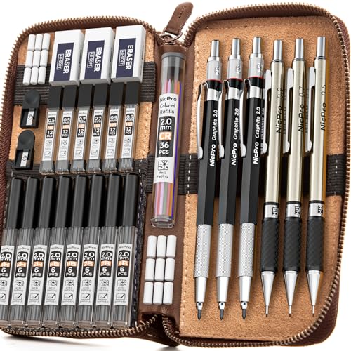 Nicpro 29PCS Art Mechanical Pencils Set in Leather Case, Metal Drafting Pencil 0.5, 0.7, 0.9 mm, 2mm Lead Pencil Holders for Sketching Drawing With 15 Tube (4B 2B HB 2H 4H)Lead Refills (Black &Colors) - Black
