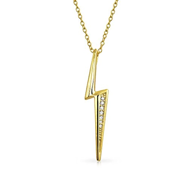 Bling Jewelry Minimalist Geometric Lightning Bolt Pendant Necklace with Pave CZ Zig Zag for Women & Teens Yellow Rose Gold Plated .925 Sterling Silver