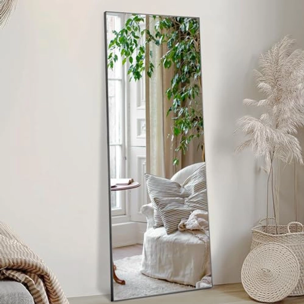 Sweetcrispy Full Length Mirror 59"x16" Full Body Floor Standing Mirror Hanging or Leaning Against Wall, Tall Wall Mirror with Stand Aluminum Alloy Frame for Bedroom Cloakroom, Black