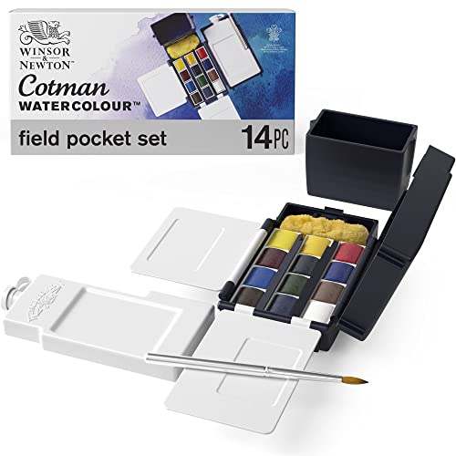 Winsor & Newton Cotman Watercolor Paint Set, Field Pocket Set, 12 Half Pans w/ Brush, Sponge, Bottle - 12 Half Pan Field Pocket Set