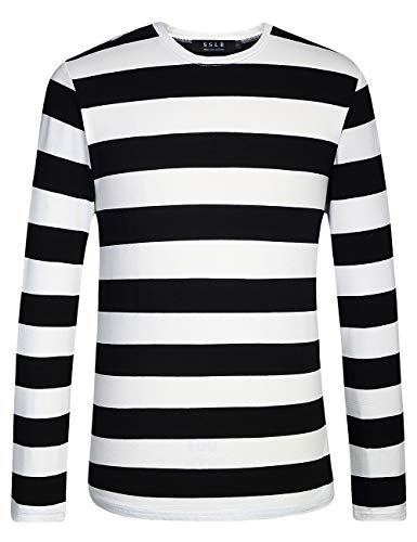 SSLR-Long-Sleeve-Tee-Shirts-for-Men-Striped T Shirts Crewneck Cotton Causal - Medium - Black White