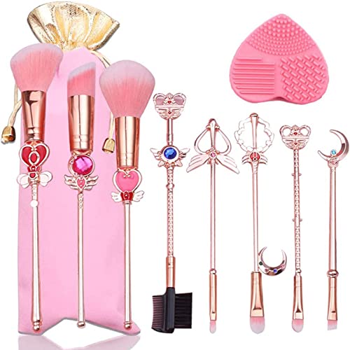10pcs Sailor Moon Makeup Brushes Set, Kawaii Cosmetic Brushes Pink Make up Brushes Basic Set with Brush Cleaning Mat and Pink Bag Novelty Gift for Girl Women - Style B