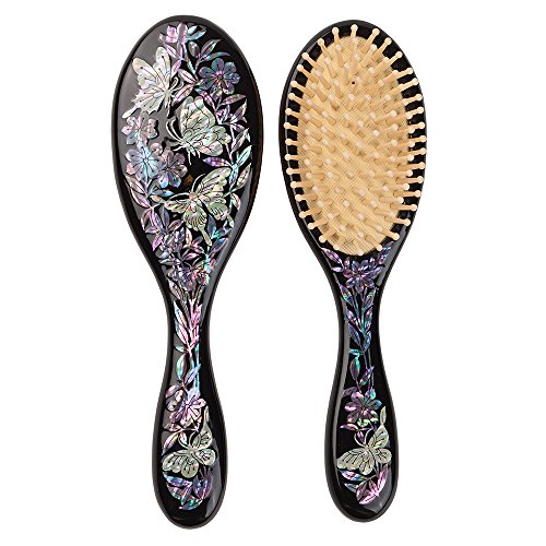 Antique Alive Mother of Pearl Inlay Art Butterfly Flower Luxury Oval Black Hair Brush Detangling Anti Static Scalp Massage Comb Wooden Handle Bristle Cushion Kids Girl Gift Hairbrush