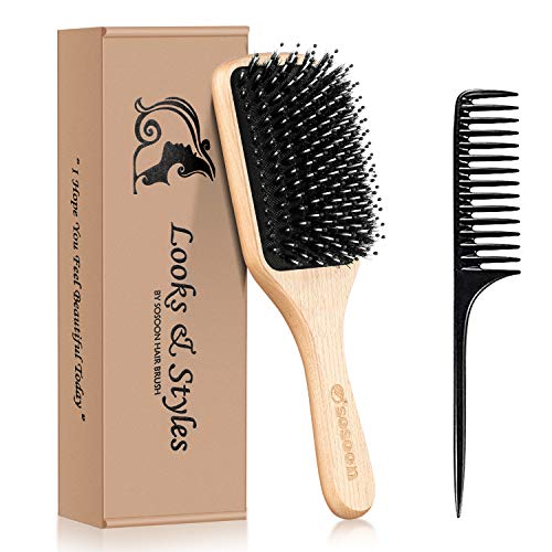 Hair Brush, Sosoon Boar Bristle Paddle Hairbrush for Long Thick Curly Wavy Dry or Damaged Hair, Reducing Hair Breakage and Frizzy No More Tangle, Giftbox & Hair Comb Included - 1 Count (Pack of 1)