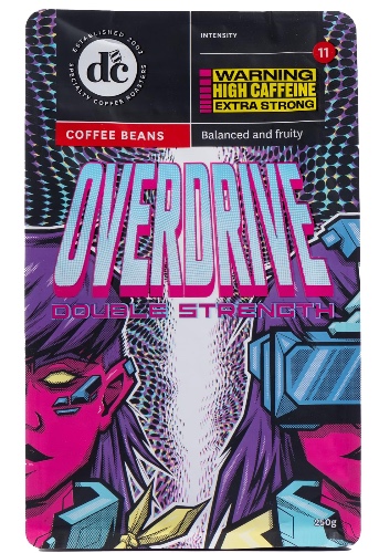 "dc Coffee Overdrive Extra Strong Coffee Blend - Caramel, Orange Zest and Milk Chocolate - Awaken Your Inner Dynamo - The Pinnacle of Potent Coffee - (Whole Coffee Beans, 250g)" - $16.99 ($6.80 / 100 g)