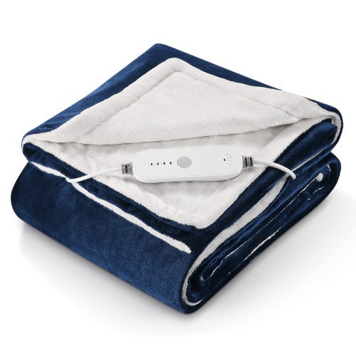 CURECURE Electric Heated Blanket Throw Large Soft Flannel Warm Blanket with 9 Hours Auto Off & 4 Heat Settings Removable Switch Washable 130x180 cm Blue & White