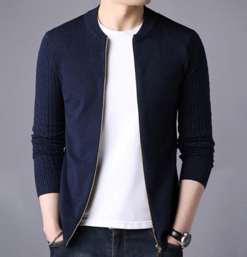 Mens Round Neck Zip Up Cardigan - Navy / M