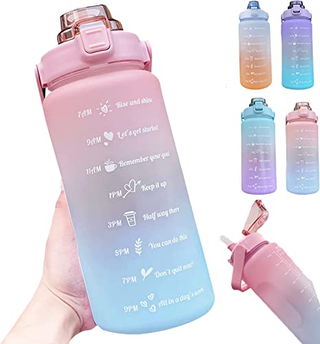 Hatieo 2 Litre Water Bottle, 2L Water Bottle with Straw, Leakproof Sports Water Bottle with Time Markings, Large Motivational Water Bottle for Fitness, Camping Yoga Trave Gym Outdoor Pink Blue - Pink Blue - 2 Litre