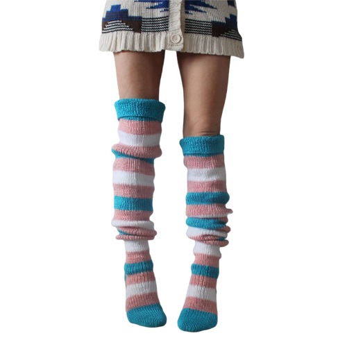 HodJIU Women's Striped Over the Knee Socks Knitted Thigh High Socks Casual Long Boot Socks Stockings Leg Warmers for Ladies Girls (Blue Pink , One Size )
