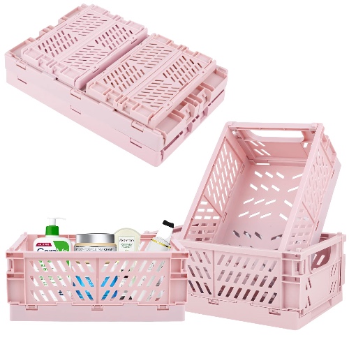 Weraher Plastic Storage Baskets for Desk Organizing, Office Drawer Organizer, 2 Medium+2 Small Durable Folding Storage Crate for Home Kitchen Classroom Office Bedroom and Bathroom Storage (Pink)