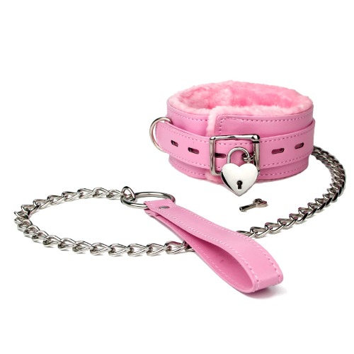 Leather Choker Collar with Long Traction Chain Rugged Durable and Collar Necklace Neck Size Adjustable Suitable for Pet Pink (Pink) - Pink