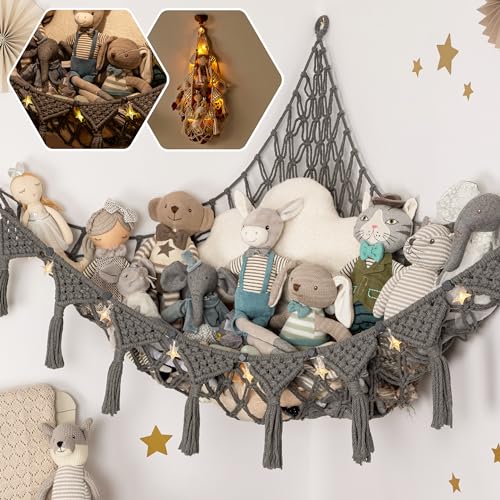 TIDYTEDS Macrame DreamLights Boho Stuffed Animal Storage Net or hammock Extra Large for Small or large Plushies. Plush Gray Toy Storage Holder - Elephant Grey