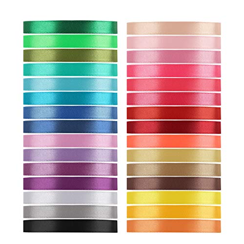 Value Satin Ribbon Pack 30 Color 750 Yard Total, Tomorotec 3/8 inch 25 Yard Each Silk Satin Rolls for Gift Package Wrapping Bows Crafts Gifts Party Wedding - 30