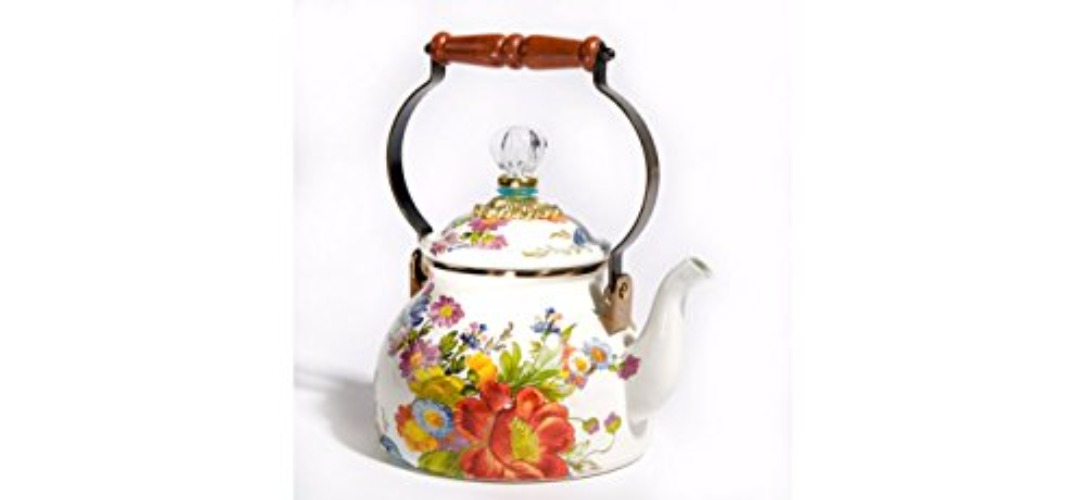 MACKENZIE-CHILDS Enamel Tea Kettle, Cute Kitchen Kettle for Stovetop, 2-Quart Capacity, White Flower Market - White Flower Market - 2 Quarts