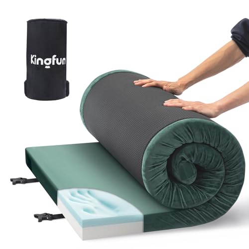Kingfun 3 Inch CertiPUR-US Memory Foam Camping Mattress, Waterproof Roll up Sleeping Pad for Adults, Comfortable Thick Floor Sleeping Mats for Car Truck Tent with Removable Travel Bag - Single 75" X 30" X 3 inch - Green