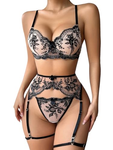 Lilosy Sexy Choker Applique Embroidered Underwire Push Up Garter