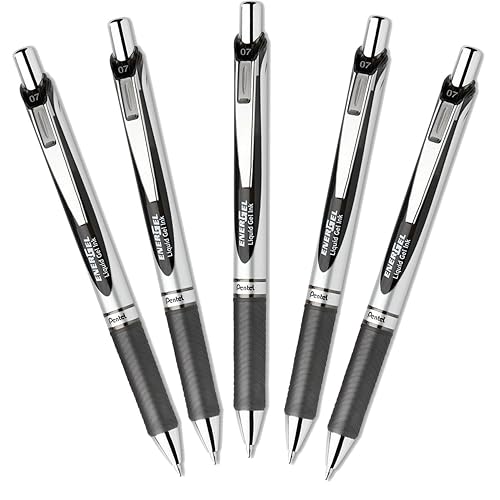 Pentel EnerGel Deluxe RTX Retractable 0.7mm Medium Line Metal Tip Liquid Gel Pen , Black Ink, 1 Set, 5 pens per set