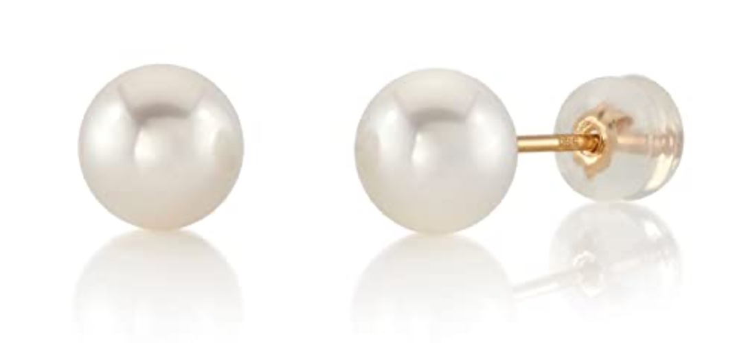 THE PEARL SOURCE Round White Freshwater Real Pearl Earrings for Women - 14k Gold Stud Earrings | Hypoallergenic Earrings with Genuine Cultured Pearls, 6.0mm-12.00mm - Yellow Gold 6.0-6.5mm