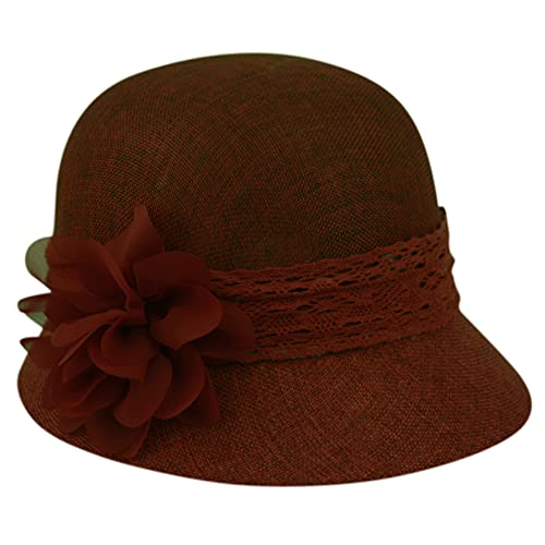 Women's Gatsby Linen Cloche Hat with Lace Band and Flower - One Size - Burgundy