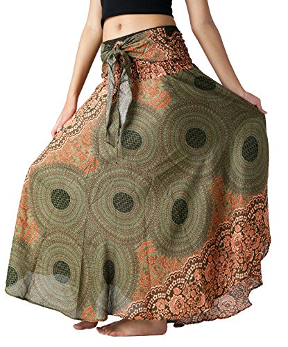 Long Skirts for Women Maxi Boho Skirt Floral Print - Green Floral - One Size