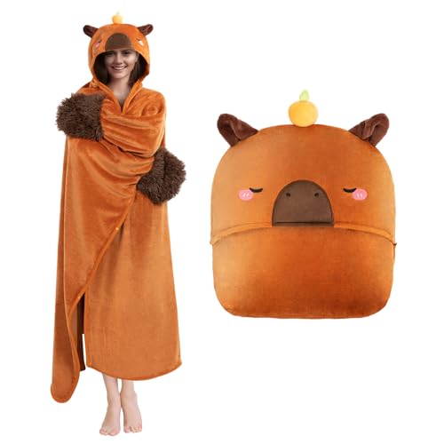 Mewaii Wearable Oversized Blanket Hoodie for Adults, Capybara Blanket Hooded Cloak, Warm and Cozy Flannel Cute Animal Blanket Hoodie, Funny Birthday Blanket Gifts for Women and Males - Capybara - 51 Inch