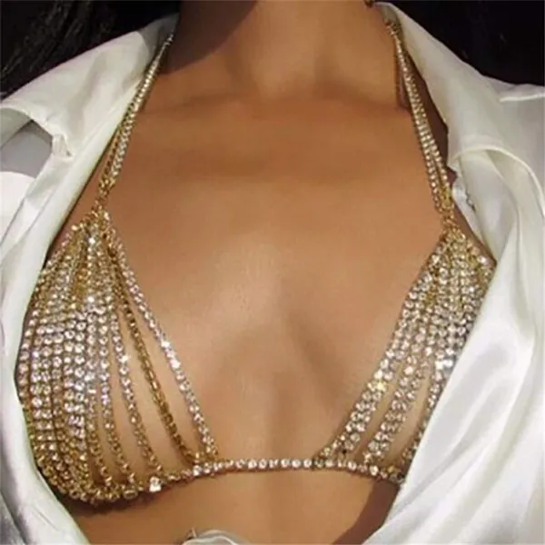 Sethain Boho Strass BH Ketten Gold Kristall Truhe Kette Sternenhimmel Sexy Bikini Kette Körperschmuck für Frauen und Mädchen - 