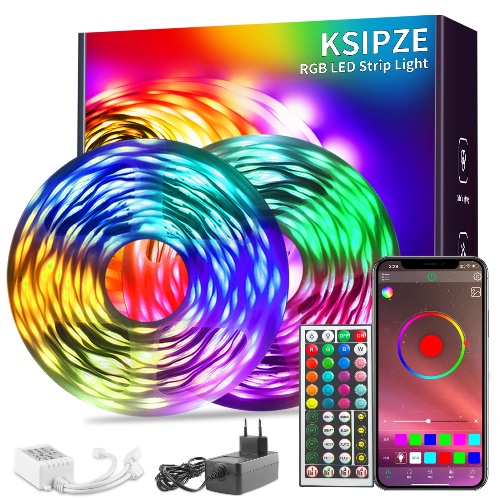 KSIPZE Led Strip 20m, Bluetooth Music Sync, Timer-Einstellung RGB LED Streifen, Farbwechsel Led Lichtband Led Selbstklebend Leiste Band für Schrankdeko, Party, Zuhause, Schlafzimmer, Dimmbar - 20M