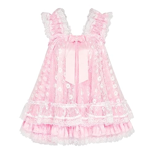 Satini Lingerie Satin Sissy Babydoll Ruffles Frilly Lace Nightie Negligee Cosplay Nightwear Dress - XX-Large - Baby Pink - White