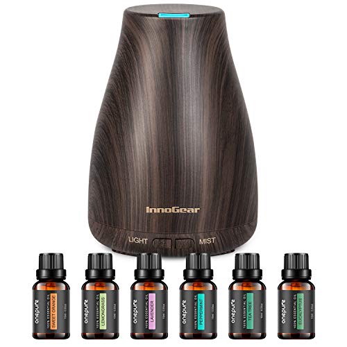 InnoGear Essential Oil Diffuser with Oils, 100ml Aromatherapy Diffuser with 6 Essential Oils Set, Aroma Cool Mist Humidifier Gift Set, Dark Wood Grain - Dark Wood Grain - 100ML