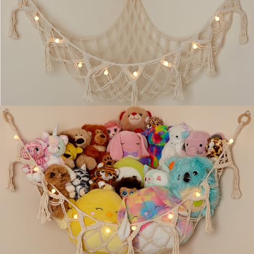 Lilly's Love Stuffed Animal Macrame Hammock w/String Lights | Large Boho Style Rope Net Holder for Kids Toys | Hanging Corner Nursery Storage Organizer for Your Plushie Pets (White) - 50" x 28" - White