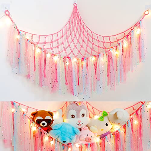 Dremisland Stuffed Animals Storage with Fairy Lights Toy Hammock Hanging Stuffed Animal Storage Organizer Holder with Lace Tassels for Nursery Play Room, Kids Bedroom (Pink) - Pink
