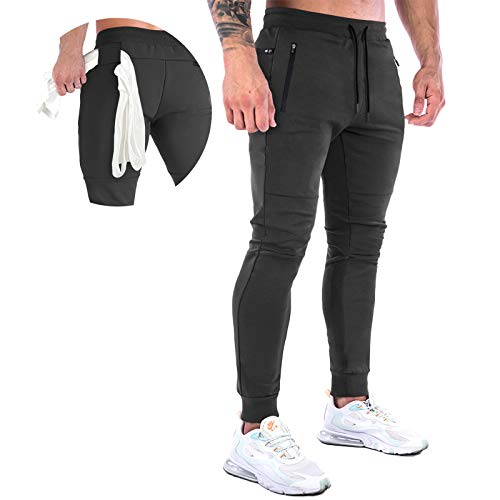 MakingDa Mens Jogger Gym Sweatpants Slim Fit Tracksuit Bottoms Fitness Running Workout Jogging Trousers with Zip Pockets - L - Black