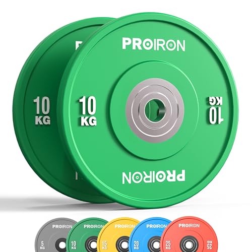 PROIRON Olympic Bumper Plates, 2" Solid Rubber Weight Plates for Barbell Strength Training and Weight Lifting, 5kg 10kg 15kg 20kg 25kg, Single or Pair - b. 2 x 10KG