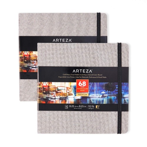 Arteza Watercolor Sketchbooks, 8.25x8.25-inch, 2-Pack, 68 Sheets, Gray Art Journal, Hardcover 110lb Paper Book, Watercolor Sketchbook for Use as Travel Journal and Mixed Media Pad - 2 Pack - Gray
