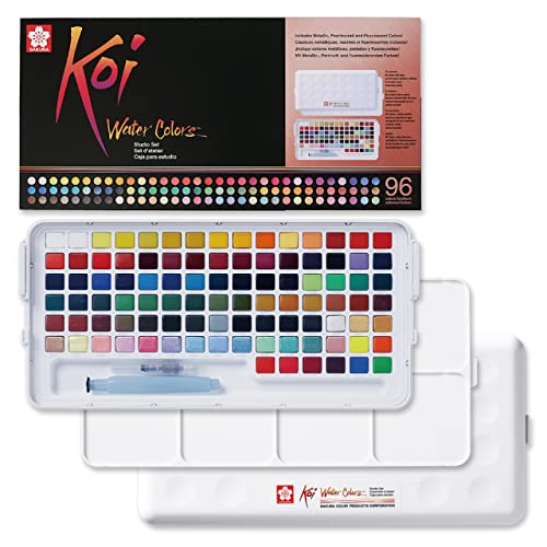 SAKURA Koi Studio Kit - Watercolor Sets for Studio Art or Art On the Go - 96 Colors - 1 Water Brush - 1 Palette