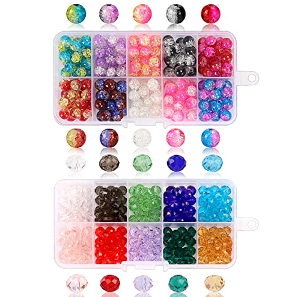 QUEFE 400pcs 8mm Glass Beads for Jewelry Making Bracelets Including 200pcs Faceted Crystal Glass Beads and 200pcs Crackle Lampwork Glass Round Beads Assorted Colors(2 Box)