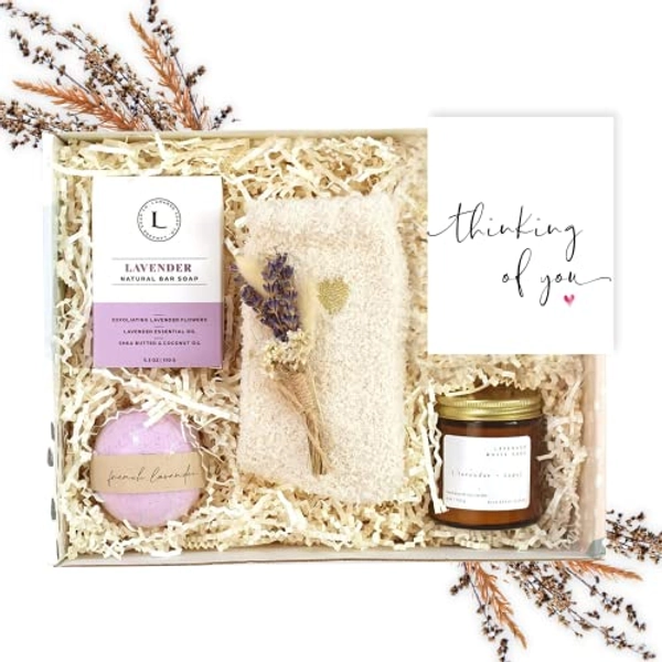 Unboxme Lavender Spa Gift Basket For Women - Relaxation Gifts I Self Care Package with Lavender Scented Candle, Bath Bomb, Soap, Socks & Bouquet, Get Well Soon, Sympathy & Birthday Gift with Card (Thinking Of You Card)