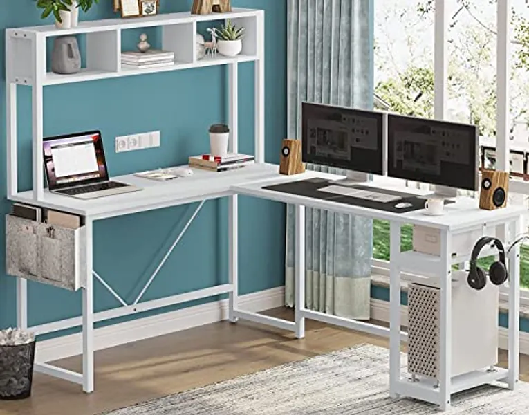 SEDETA L Shaped Desk, Reversible 94.5 Inches Computer Desk or Office Desk, White Desk, L Shaped Desk with Hutch Storage Shelves and Headphone Hook for Home Office, White