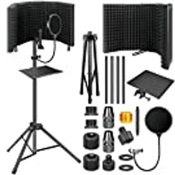 Dmsky Microphone Isolation Shield with Pop Filter & Tripod Stand, Foldable Mic Shield with Triple Sound Insulation, High Density Mic Sound Shield for Recording Studio, Podcasts, Singing, Broadcasting