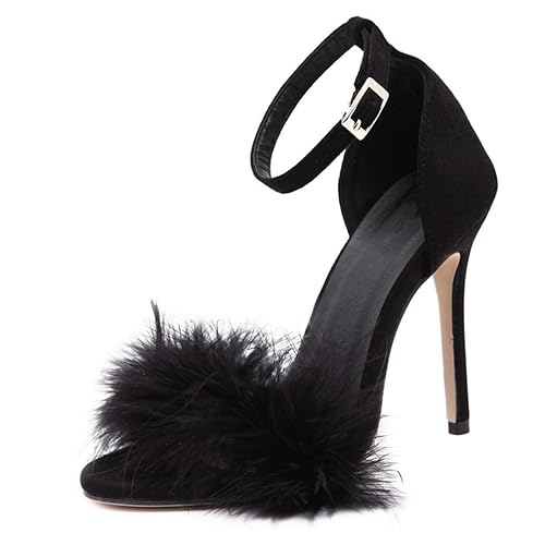YIBLBOX Women's Open Toe Sandal Fluffy Feather Lace Up Strappy High Heel Shoes - 11 - Black