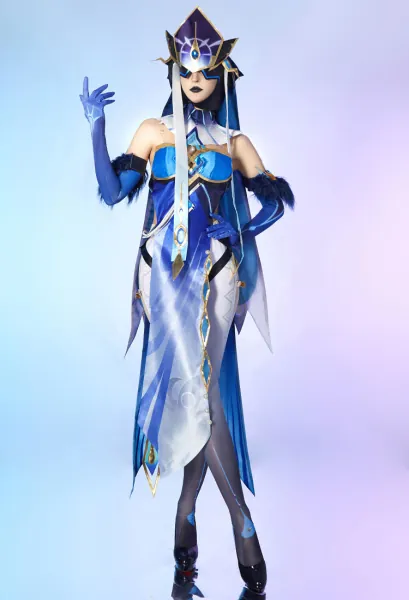 Genshin Impact Fatui Mirror Maiden Cosplay Costume Dress and Stockings with Gloves and Hats