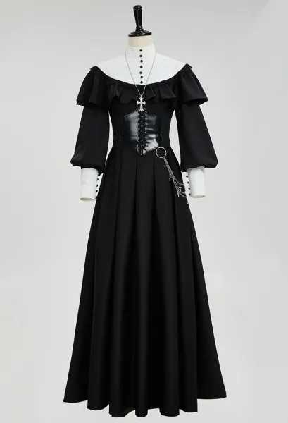 Gothic Halloween Nun Style Dress Retro Black Long Dress with Shawl and Necklace Waist Belt Cosplay Costume