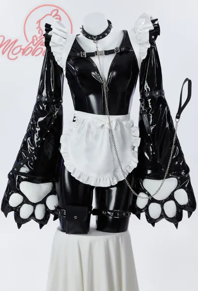 Gothic Maid Sexy Jumpsuit Paw Costume Bodysuit and Apron Set with Jacket and Headband