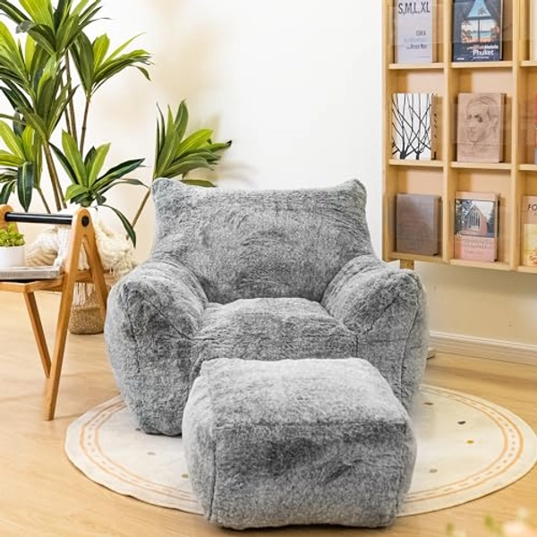 Cvortll Bean Bag Chair with Ottoman, Armrest Bean Bag Chair with Filler, Ultra Soft Fluffy Faux Fur Bean Bag Chair with Foot Rest, Plush Lazy Sofa with Foot Stool for Living Room, Dorm