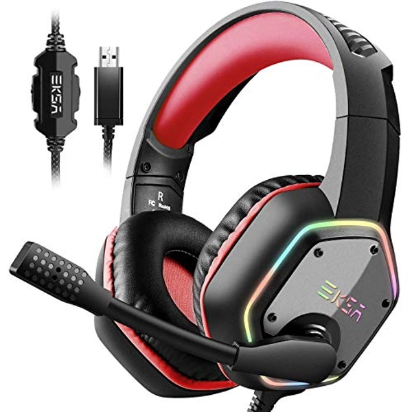 EKSA E1000 Gaming Headset, Computer Headphones with Noise Canceling Mic & RGB Light, 7.1 Surround Sound, Compatible with PC, PS4 PS5 Console, Laptop (Red)